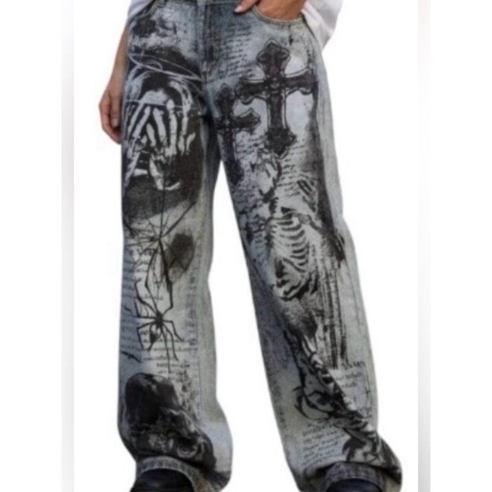 Romwe Grunge All-Over Print Wide-Leg Jeans Size 12